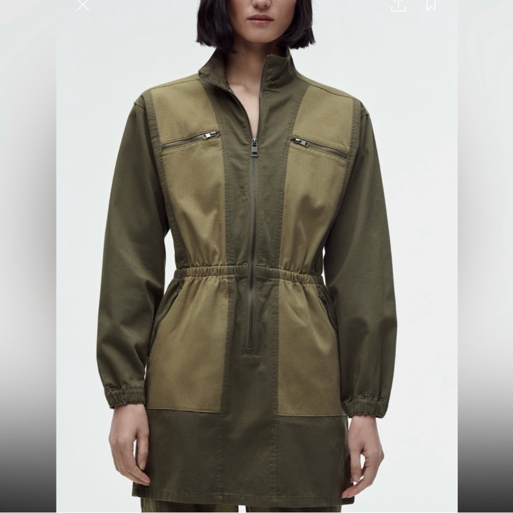 New Zara Mini Utility Military Contrast Khaki Dress Small 2449/044